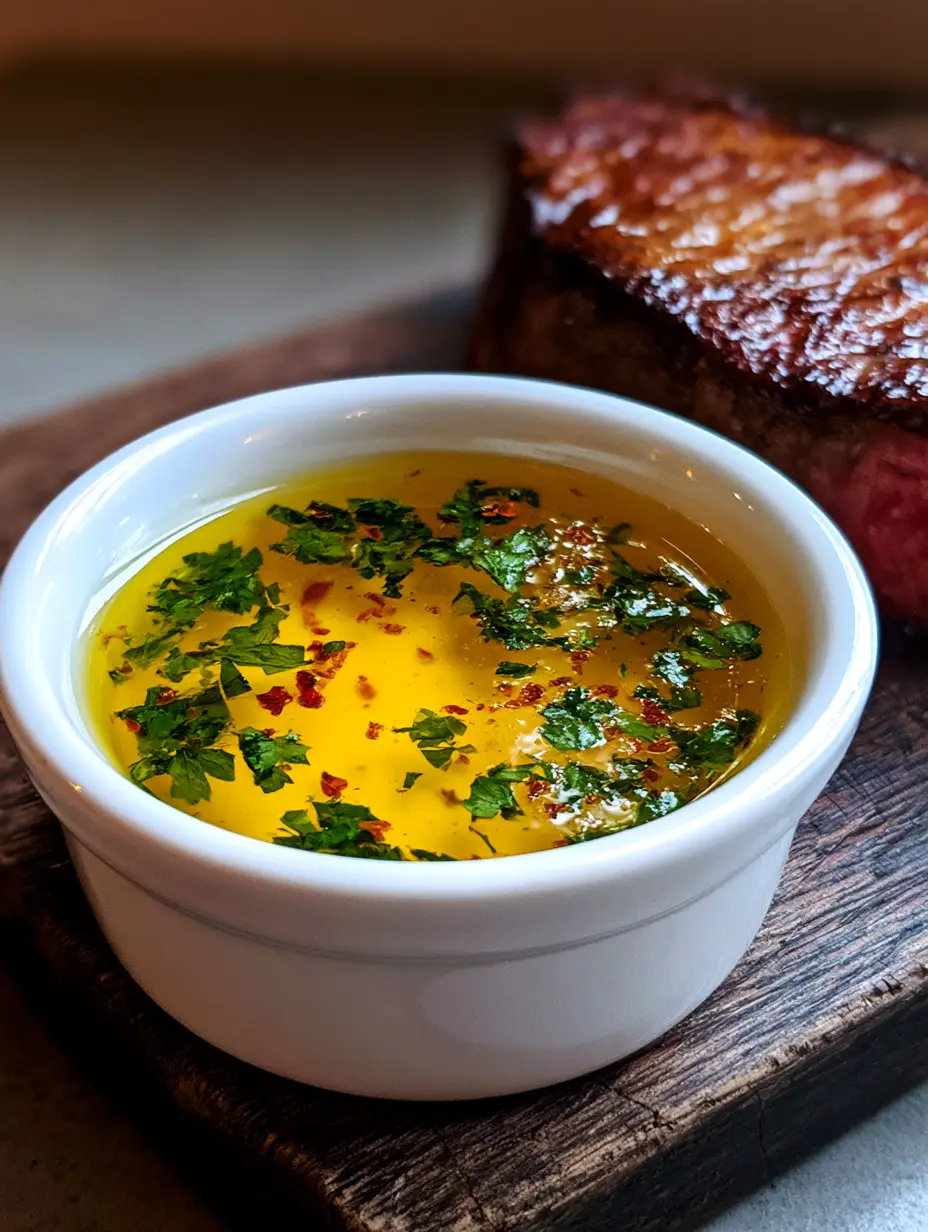 A close-up shot of a white ceramic ramekin filled with glossy melted Cowboy Butter with parsley and chili flakes. (Cowboy Butter Recipe)