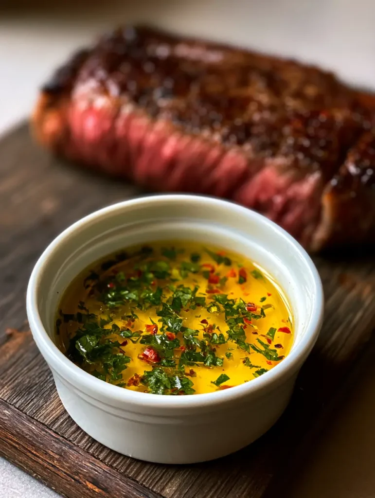 A seared ribeye steak with a dark crust and pink center sliced next to a ramekin of Cowboy Butter on a wooden board.