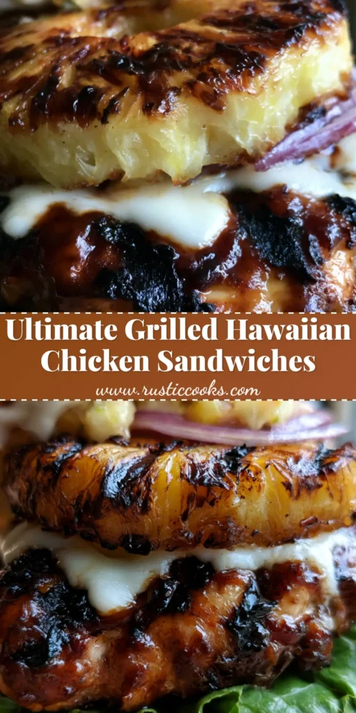 A close-up shot of Hawaiian Chicken Sandwiches with melted cheese and grilled pineapple on a wooden background.