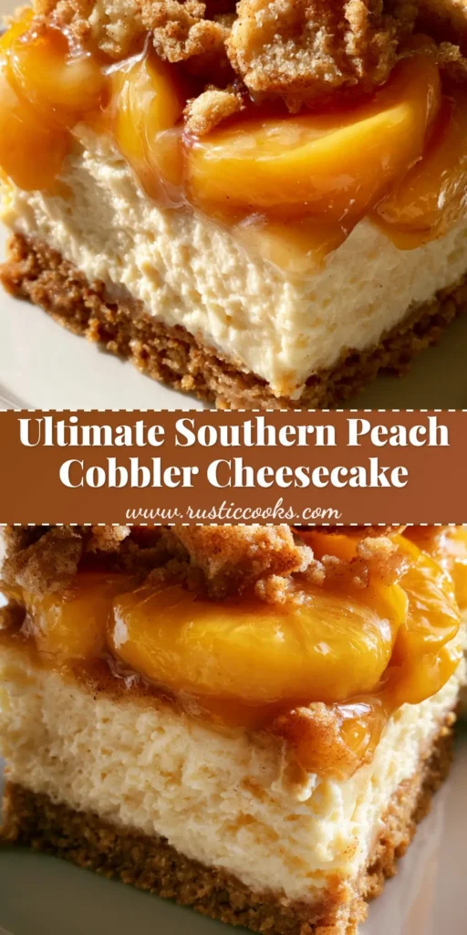 Southern Peach Cobbler Cheesecake: The Ultimate Fusion Dessert 4 A tall slice of Southern Peach Cobbler Cheesecake on a white plate, showing the thick graham cracker crust, ivory cheesecake center, and glistening peach topping with golden crumble chunks.
