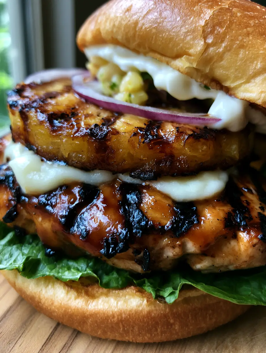 A handheld smartphone photo of Hawaiian Chicken Sandwiches featuring a glossy glazed chicken breast and charred pineapple.