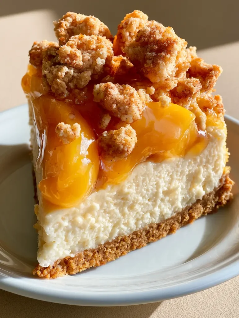 Close-up high-angle view of a Southern Peach Cobbler Cheesecake slice featuring soft glazed orange peach slices and amber cinnamon syrup.