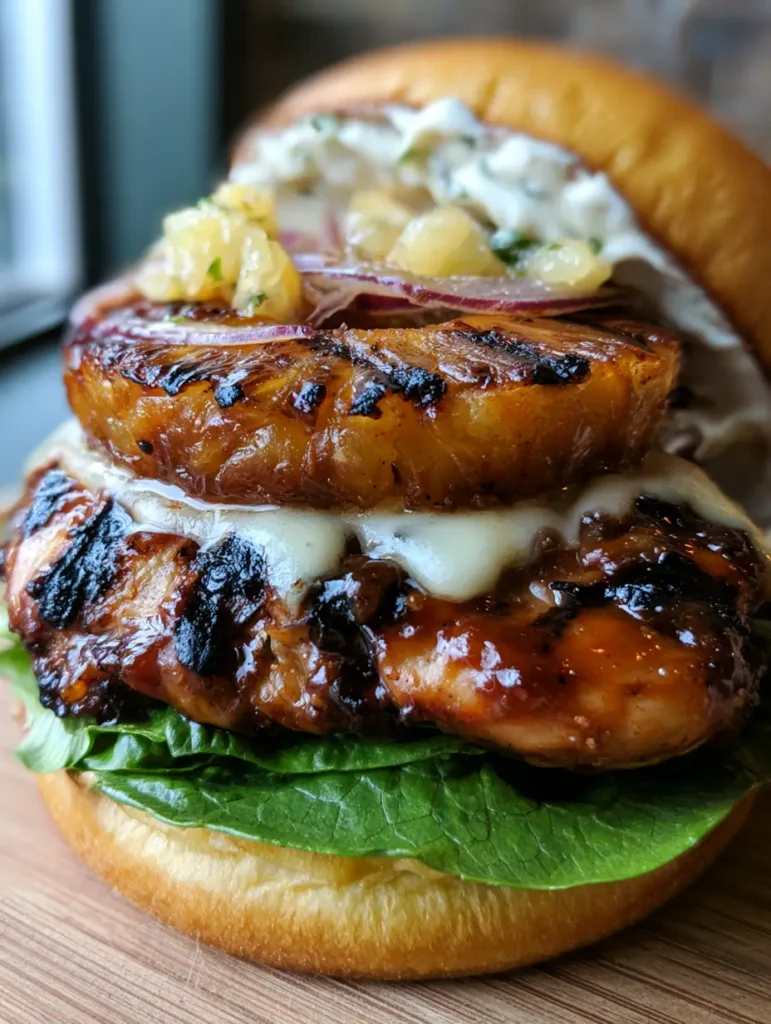 Side view of Hawaiian Chicken Sandwiches showing the layers of lettuce, red onion, and chunky pineapple salsa.