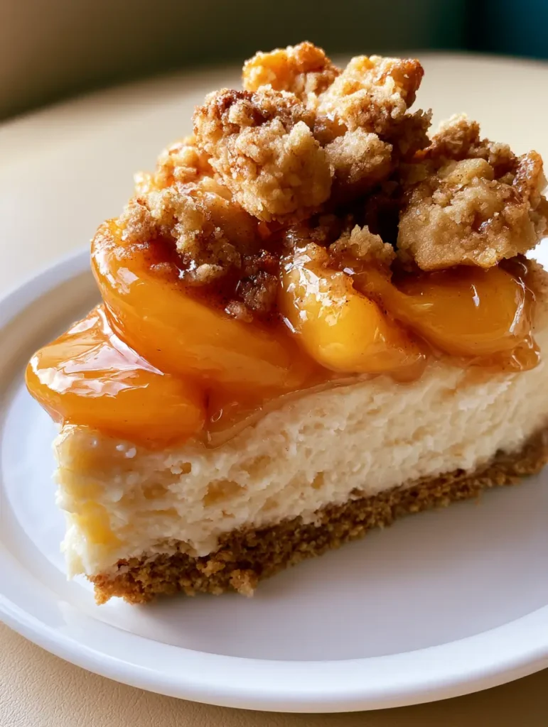 Southern Peach Cobbler Cheesecake: The Ultimate Fusion Dessert 1 A thick slice of Southern Peach Cobbler Cheesecake on a beige tabletop background, highlighting the irregular chunks of buttery crumble topping.