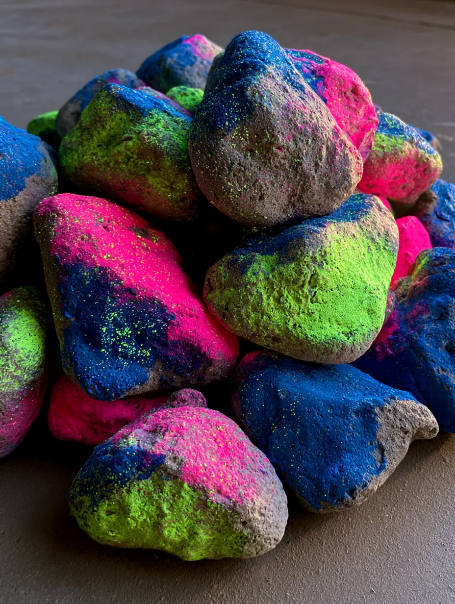 Irregular textured river stones transformed into Glow In The Dark Moon Rocks with neon phosphorescent paint.