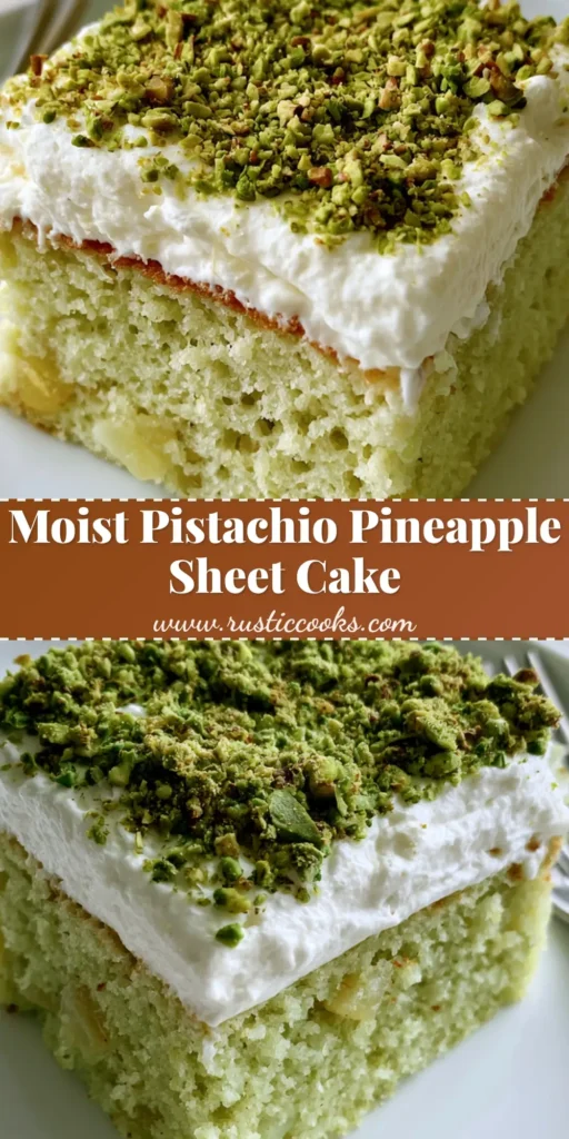 A square slice of Pistachio Pineapple Cake with a light green sponge, white whipped cream, and chopped pistachios on a white plate.