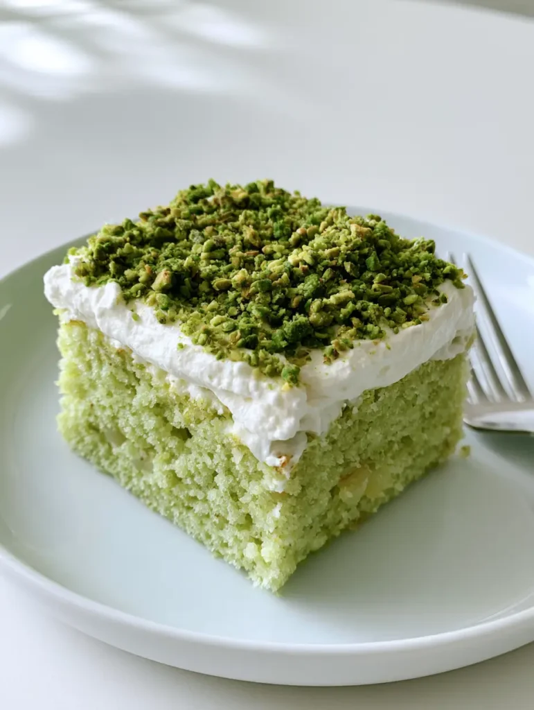 Close-up of Pistachio Pineapple Cake showing the porous light green sponge texture and pineapple bits.