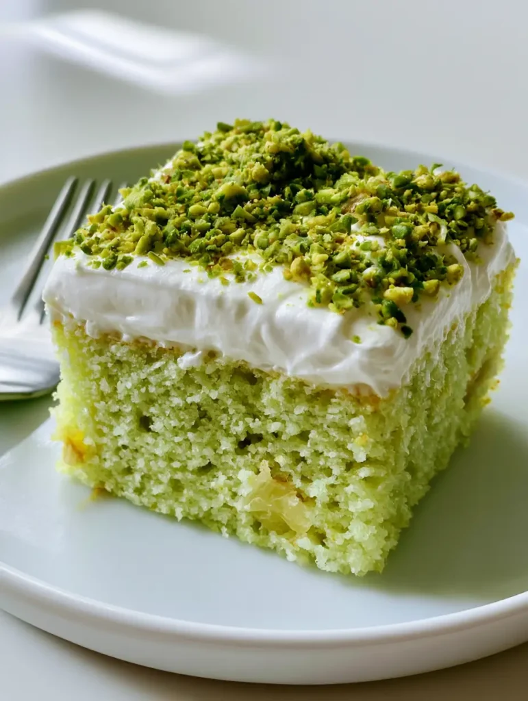 A square slice of Pistachio Pineapple Cake with a silver fork on a white plate in natural light.