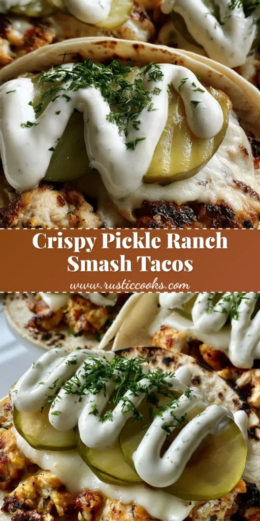 Dill Pickle Ranch Smash Chicken Tacos with Crispy Charred Edges 4 Three Dill Pickle Ranch Smash Chicken Tacos with seared chicken, melted cheese, and ranch drizzle on a white plate.