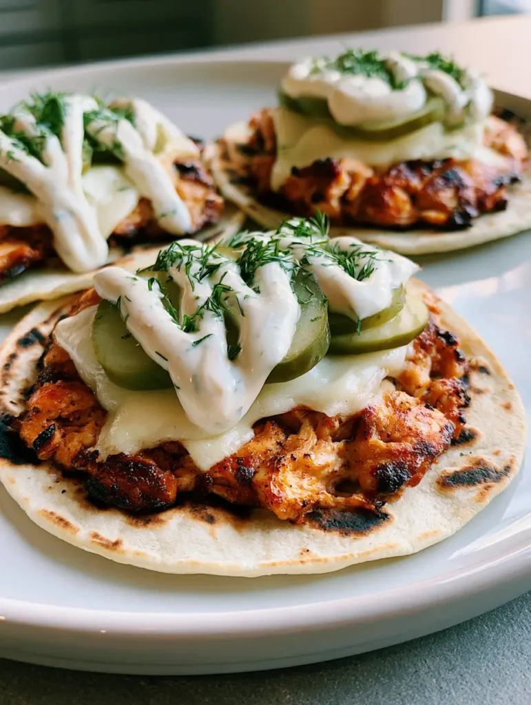 Dill Pickle Ranch Smash Chicken Tacos with Crispy Charred Edges 2 Close up photo of seared chicken on a toasted tortilla with pickles and ranch dressing. (Dill Pickle Ranch Smash Chicken Tacos)