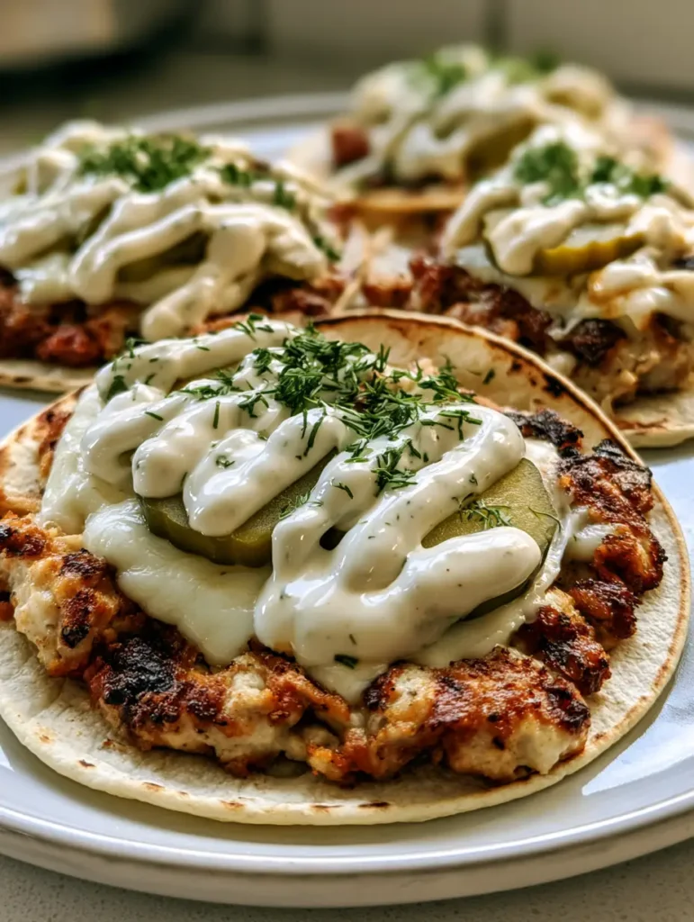 Dill Pickle Ranch Smash Chicken Tacos with Crispy Charred Edges 1 Three Dill Pickle Ranch Smash Chicken Tacos garnished with fresh dill on a white ceramic plate.