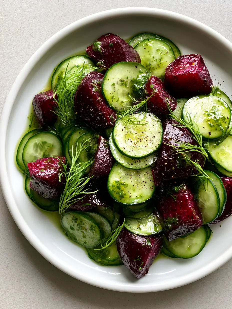 Cucumber Beetroot Salad with Roasted Beets and Zesty Herb Dressing 3 Close-up handheld photo of a Cucumber Beetroot Salad in a white ceramic bowl showing the translucent green herb dressing and visible pepper bits.