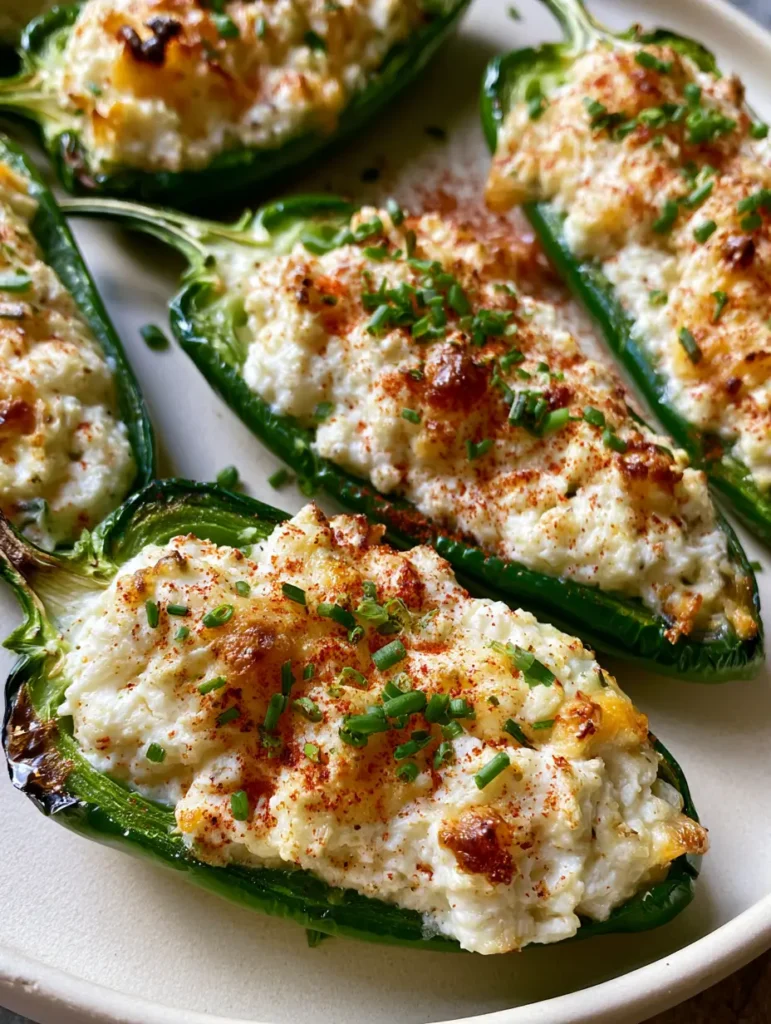 Halved green jalapeno peppers laid out on a neutral surface filled with cream cheese blend. (Easy Jalapeno Poppers)