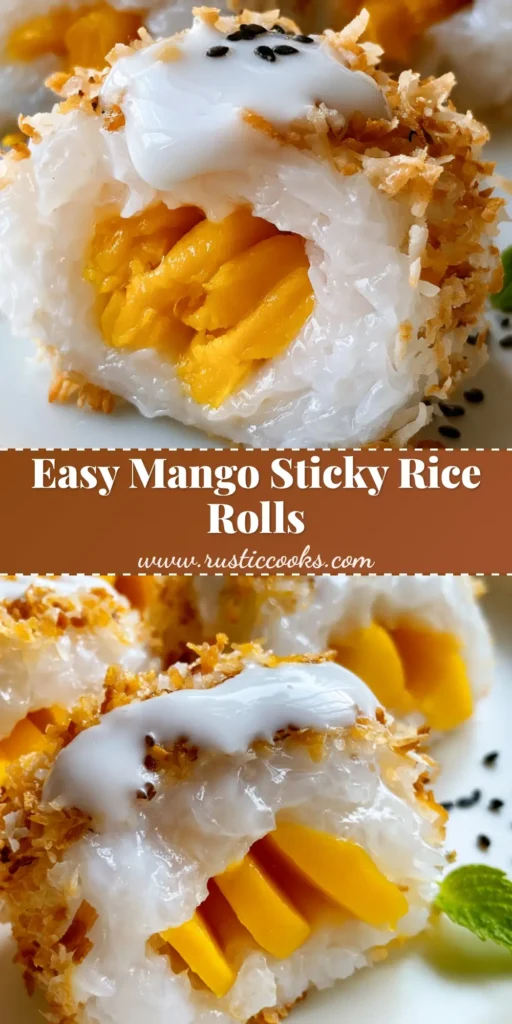 A handheld photo of sliced Mango Sticky Rice Rolls on a white plate, showing the vibrant orange mango core and golden toasted coconut coating.