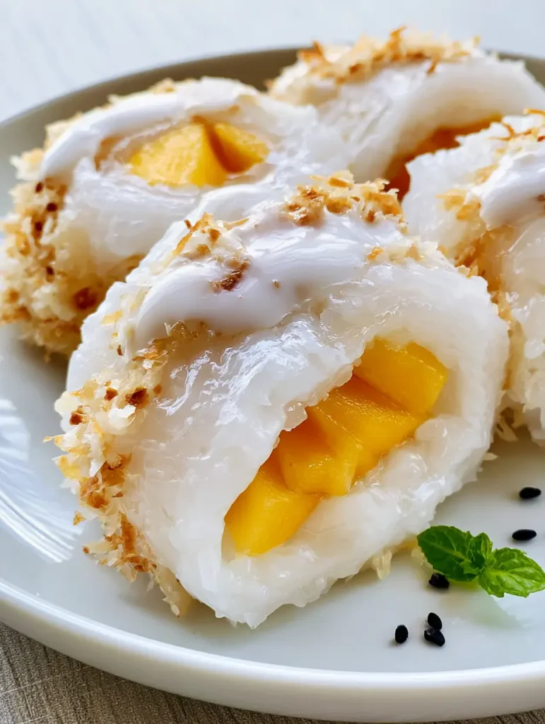 Close-up of Mango Sticky Rice Rolls featuring translucent glossy rice, orange mango spears, and a thick coconut cream drizzle.