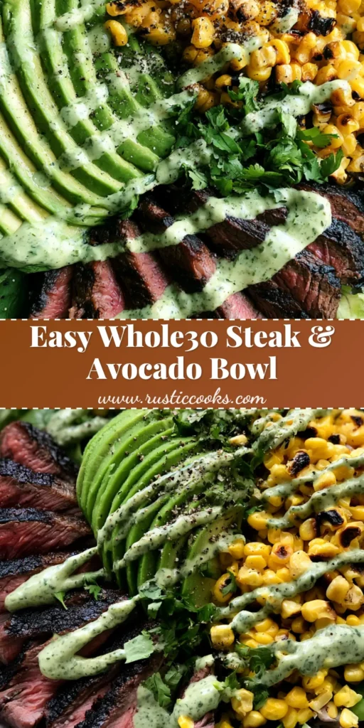 A close-up of a Whole30 Steak and Avocado Bowl with charred corn and creamy cilantro drizzle on a light wood background.