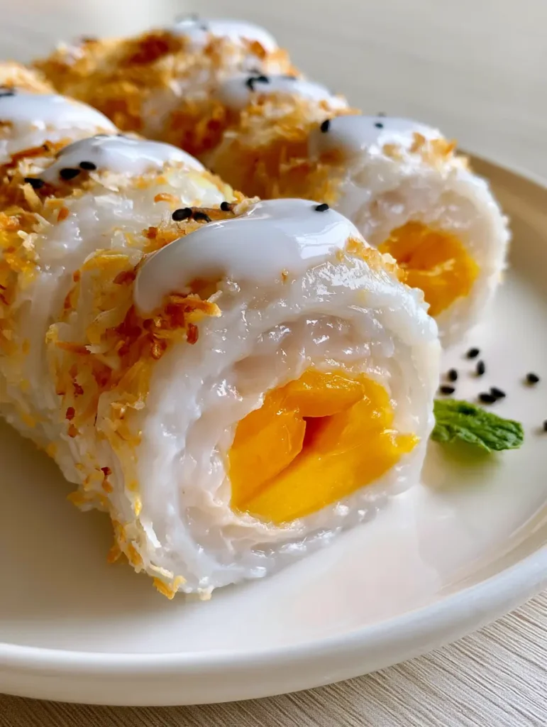 Handheld photo of Thai mango sticky rice rolls arranged on a simple white plate against a light wooden tabletop.