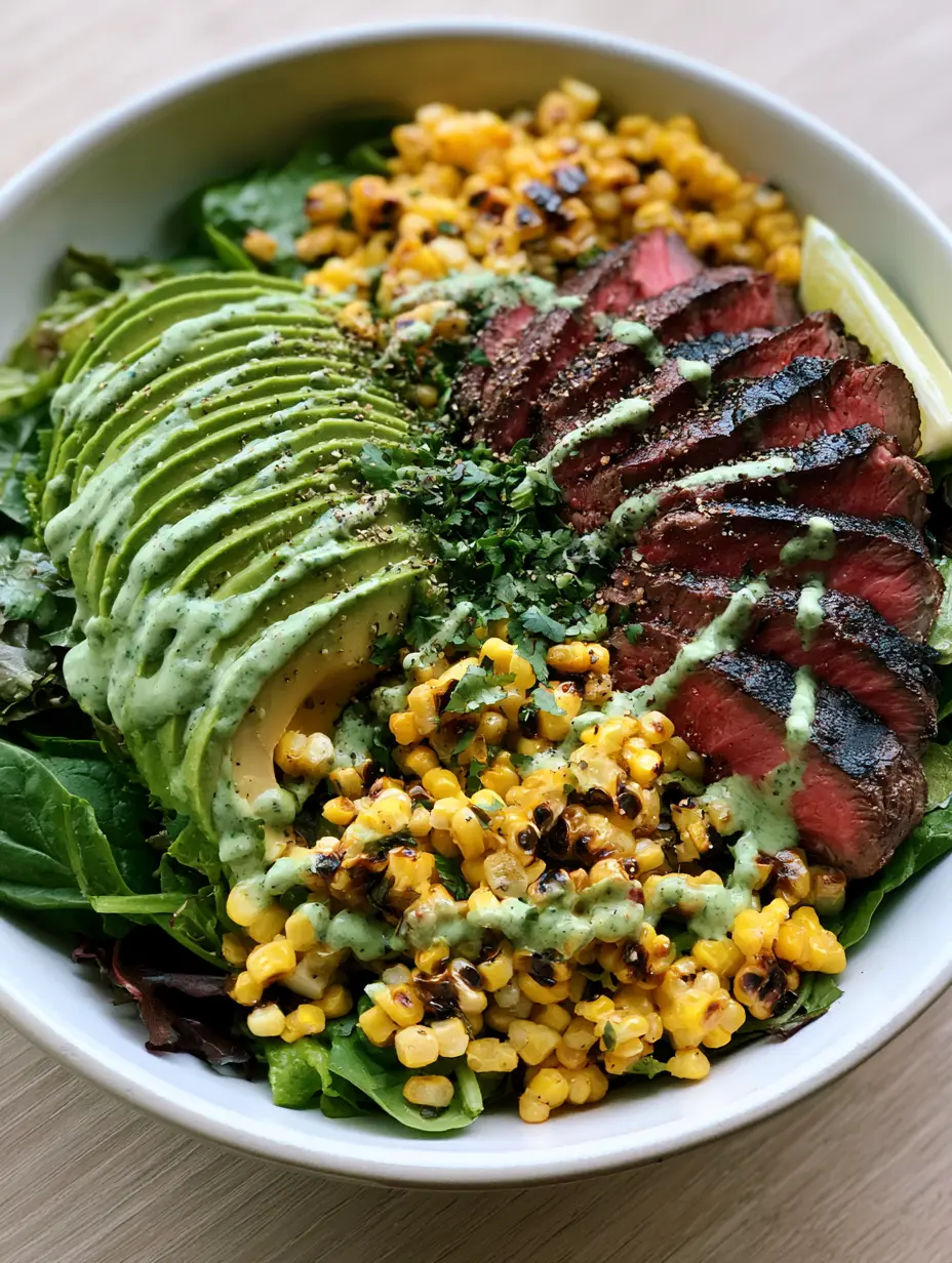 A shallow white ceramic bowl containing seared medium-rare steak, sliced avocado, and charred corn for a Whole30 Steak and Avocado Bowl.