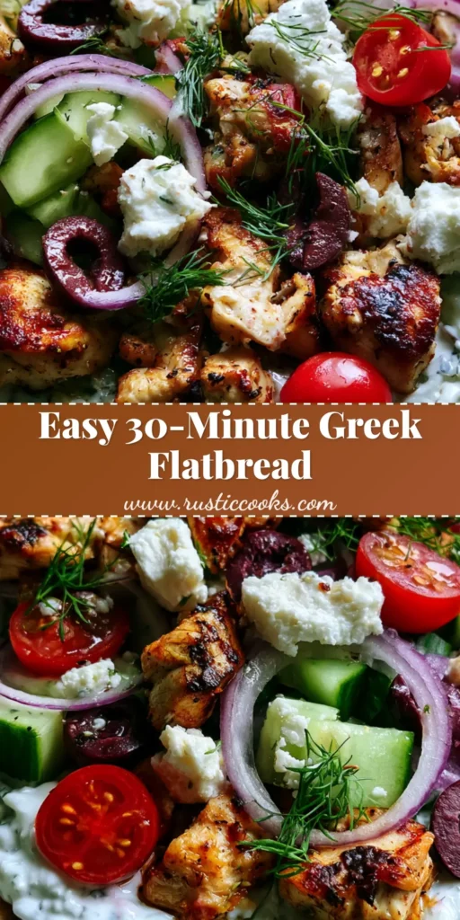 A handheld smartphone photo of a single Greek Chicken Flatbread loaded with seared chicken, tzatziki, and fresh vegetables on a soft toasted pita.
