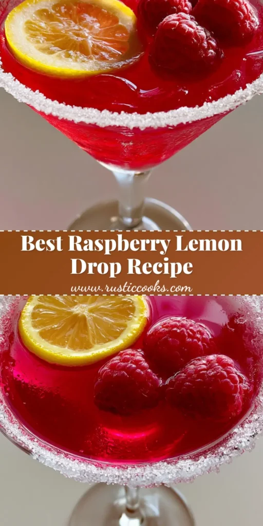 A chilled Raspberry Lemon Drop Cocktail in a martini glass with a thick sugar rim, garnished with a lemon wheel and three raspberries on a neutral surface.