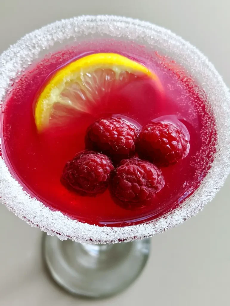 Close-up of a vibrant magenta Raspberry Lemon Drop Cocktail showing the translucent liquid and thick granulated sugar rim.