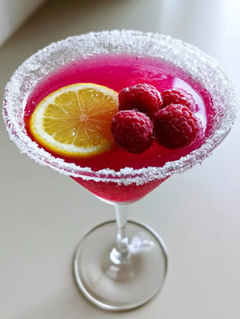 Side view of a Raspberry Lemon Drop Cocktail in a martini glass with condensation and fresh raspberry garnish cluster.