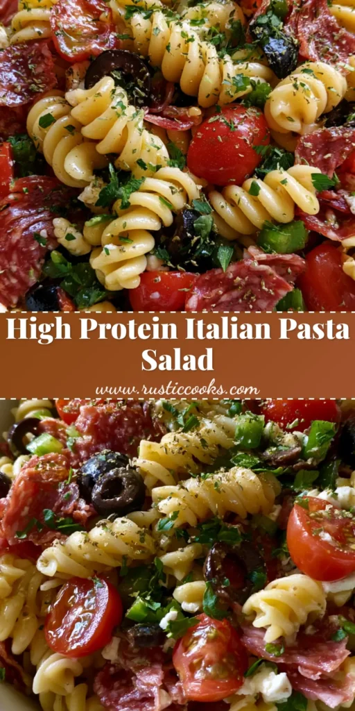 A top-down view of a High-Protein Italian Pasta Salad in a white bowl with salami, feta, and rotini. (High-Protein Italian Pasta Salad)