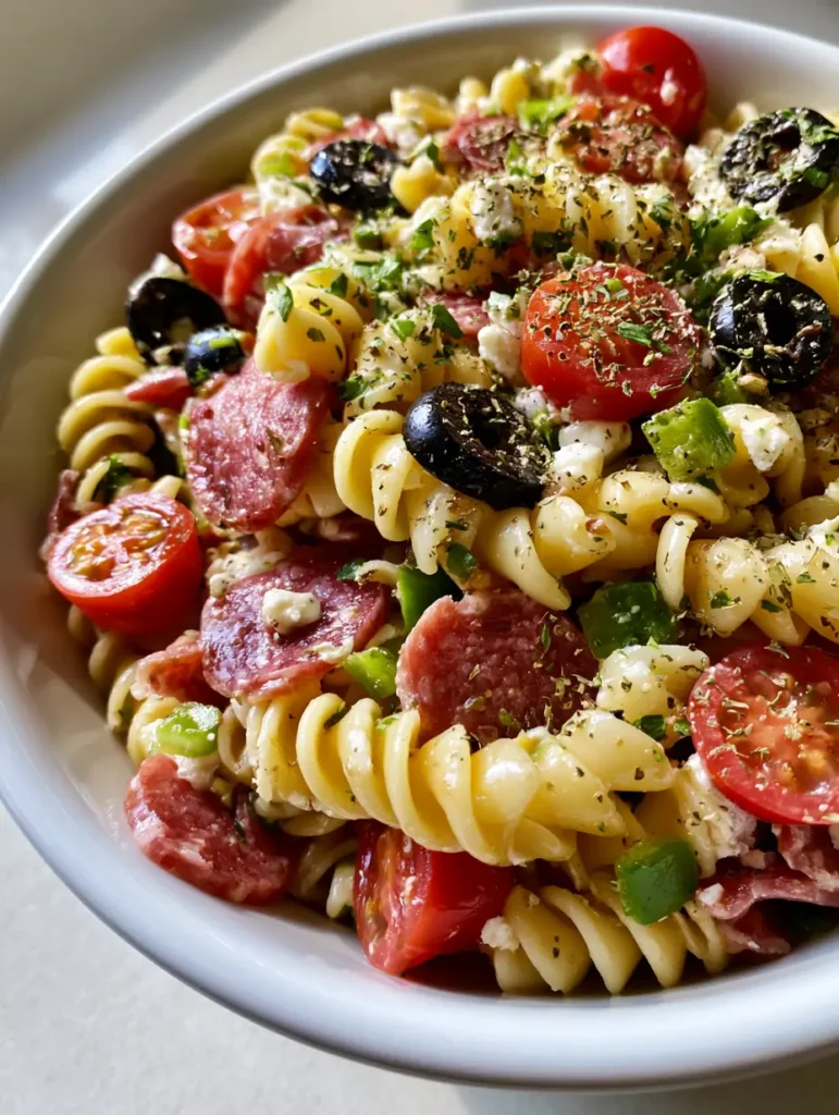 A colorful High-Protein Italian Pasta Salad with rotini, cherry tomatoes, and green peppers in soft natural light. (High-Protein Italian Pasta Salad)
