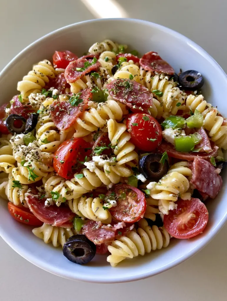 Close up of High-Protein Italian Pasta Salad showing the texture of the salami and feta crumbles.