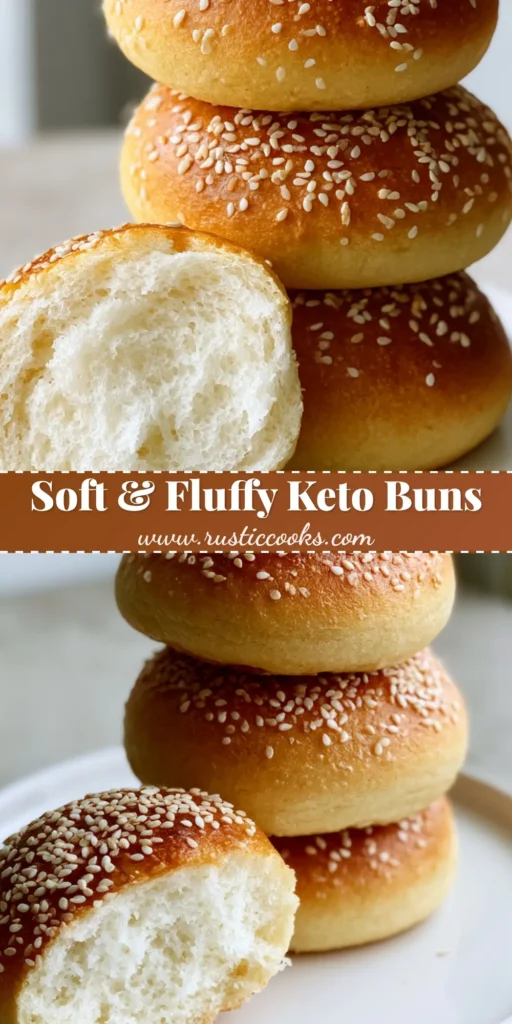 A stack of four golden-brown Keto Burger Buns with white sesame seeds on a white plate.