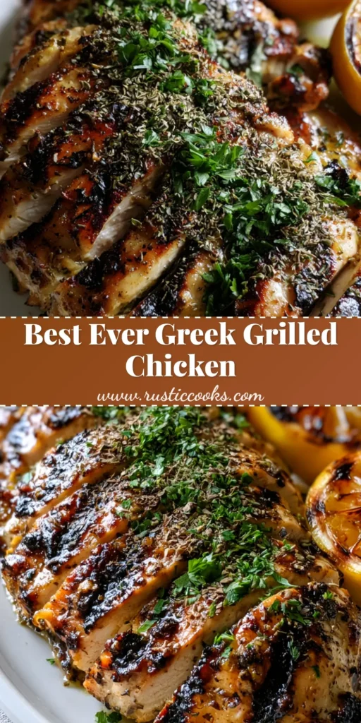 Sliced Greek Grilled Chicken with dark char marks and lemon-herb oil on a white plate with charred lemons.