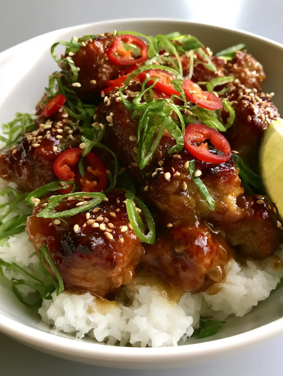 Ginger Lime Pork with Fluffy Coconut Rice and Glossy Amber Glaze 3 A smartphone photo of Ginger Lime Pork in a white ceramic bowl showing the thick translucent amber glaze and fluffy rice. (Ginger Lime Pork)
