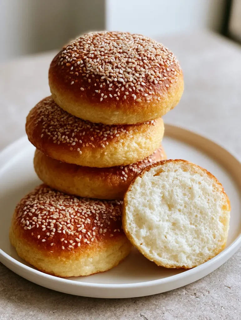 A stack of Keto Burger Buns on a minimalist white ceramic plate with natural lighting.