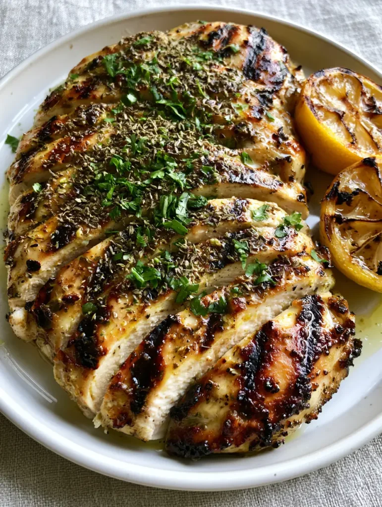 Close up of charred lemon halves next to sliced Greek Grilled Chicken on a white ceramic plate.