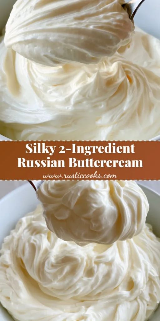 A tall Pinterest pin showing a close-up of a white ceramic bowl filled with glossy Russian Buttercream Frosting and a silver spoon lifting a dollop.