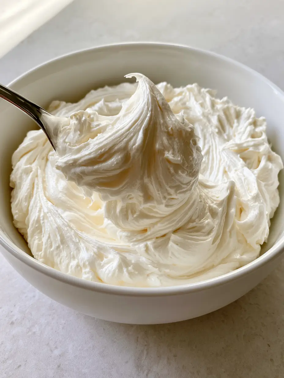 A close-up handheld smartphone photo of a bowl of Russian Buttercream Frosting showing smooth, glossy, pale cream peaks and a silver spoon.