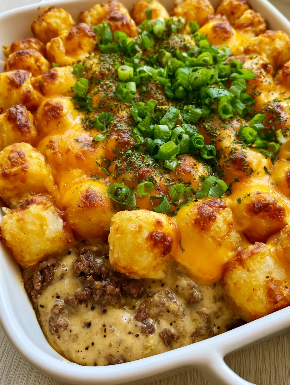 Tater Tot Casserole with Crispy Golden Tots and Sharp Melted Cheddar 3 Close up shot of golden-brown tater tots topped with melted orange cheddar and green scallions. (Tater Tot Casserole)