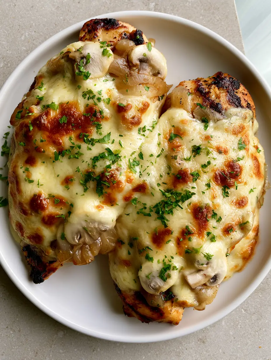 Top-down view of two grilled chicken breasts smothered in melted Monterey Jack cheese and sautéed mushrooms. (Texas Roadhouse Smothered Chicken)