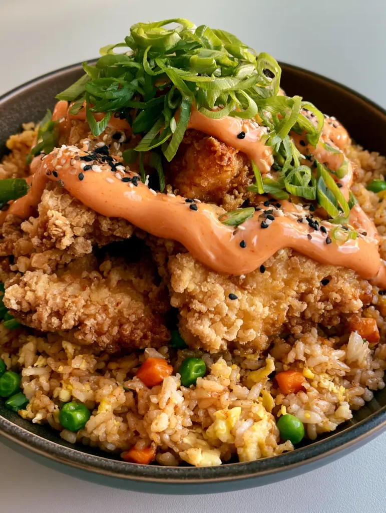 A bowl of seasoned fried rice with visible scrambled egg, carrots, and peas topped with scallions and sesame seeds. (Bang Bang Chicken Fried Rice)
