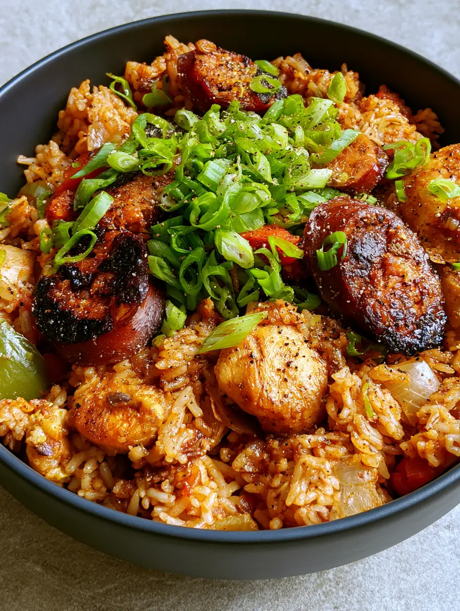 Chicken and Sausage Jambalaya: An Authentic One-Pot Creole Classic 3 Close-up of Chicken and Sausage Jambalaya highlighting the dark brown caramelized edges of andouille sausage and softened bell peppers.