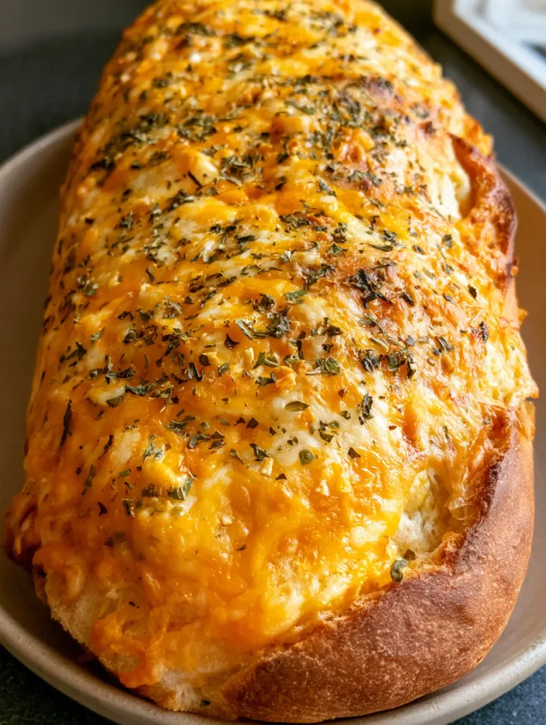 Italian Herbs and Cheese Bread: The Ultimate Homemade Subway Copycat Recipe 1 A long loaf of Italian Herbs and Cheese Bread on a neutral ceramic dish with side lighting.
