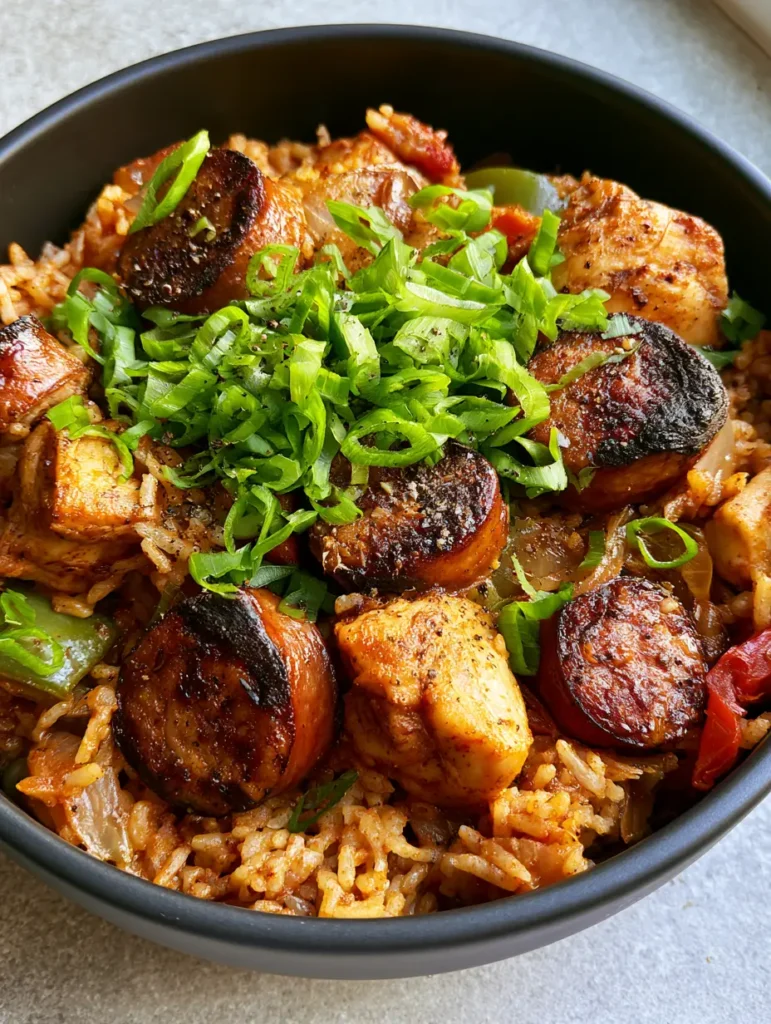 Chicken and Sausage Jambalaya: An Authentic One-Pot Creole Classic 1 Wide handheld photo of the Chicken and Sausage Jambalaya on a grey stone background with natural side lighting.