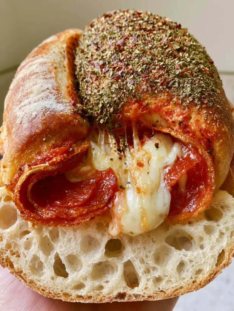 Close-up of a Pepperoni Pizza Sourdough Bread slice showing deep air bubbles and melted mozzarella.