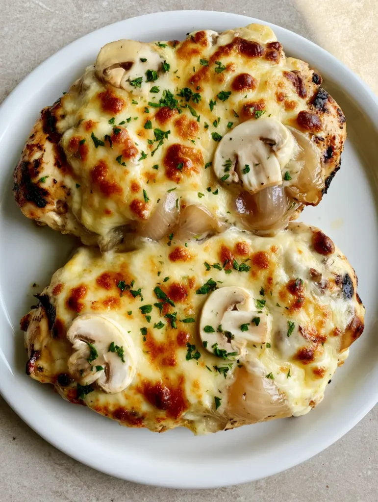 Close-up of bubbling melted cheese and fresh parsley garnish on a smothered chicken breast. (Texas Roadhouse Smothered Chicken)