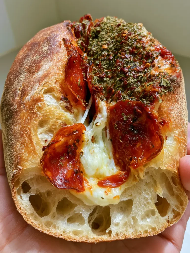 Pepperoni Pizza Sourdough Bread: The Ultimate Artisan Fusion Recipe 1 Rustic artisan crust of Pepperoni Pizza Sourdough Bread with oregano and red pepper flakes.