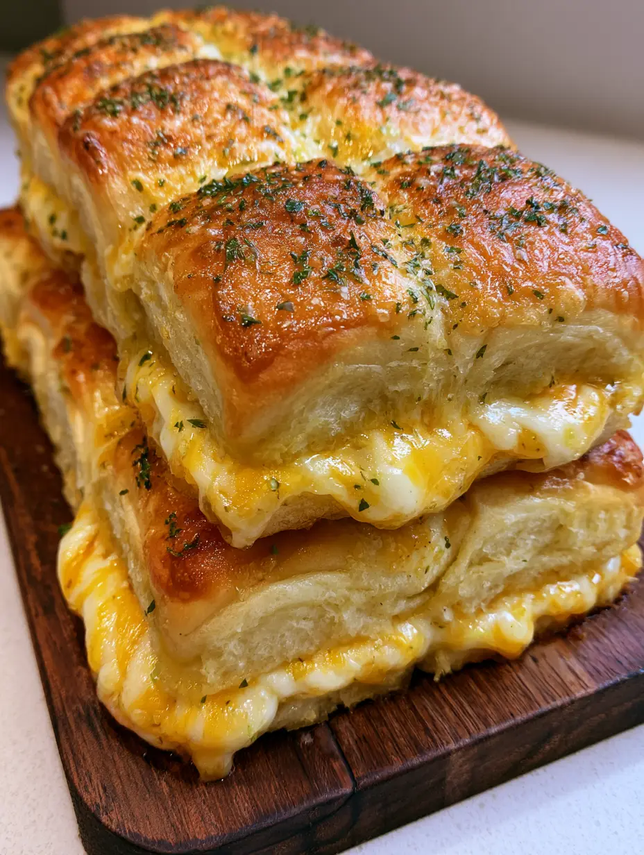 Close-up of melted white Monterey Jack and sharp cheddar inside a toasted Hawaiian roll grilled cheese sandwich.