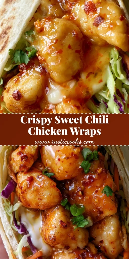 A close-up of Sweet Chili Chicken Wraps sliced diagonally to reveal the orange glazed chicken and purple cabbage. (Sweet Chili Chicken Wraps)