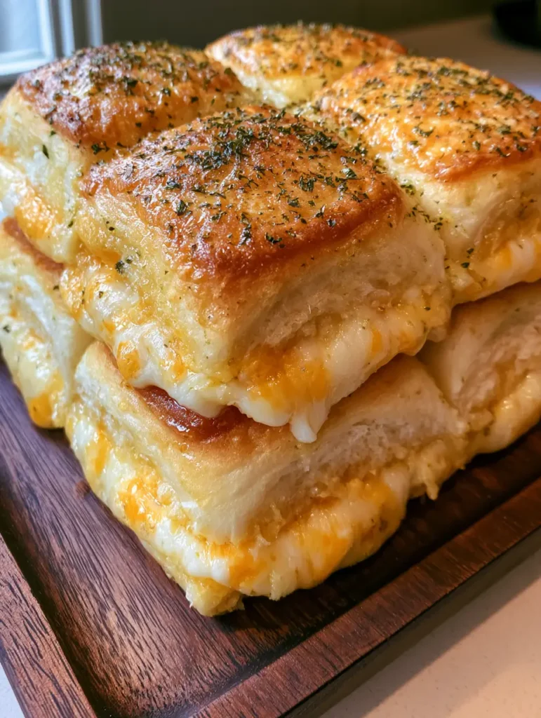 Handheld photo showing the glistening garlic butter glaze and parsley flakes on top of Hawaiian Roll Grilled Cheese.