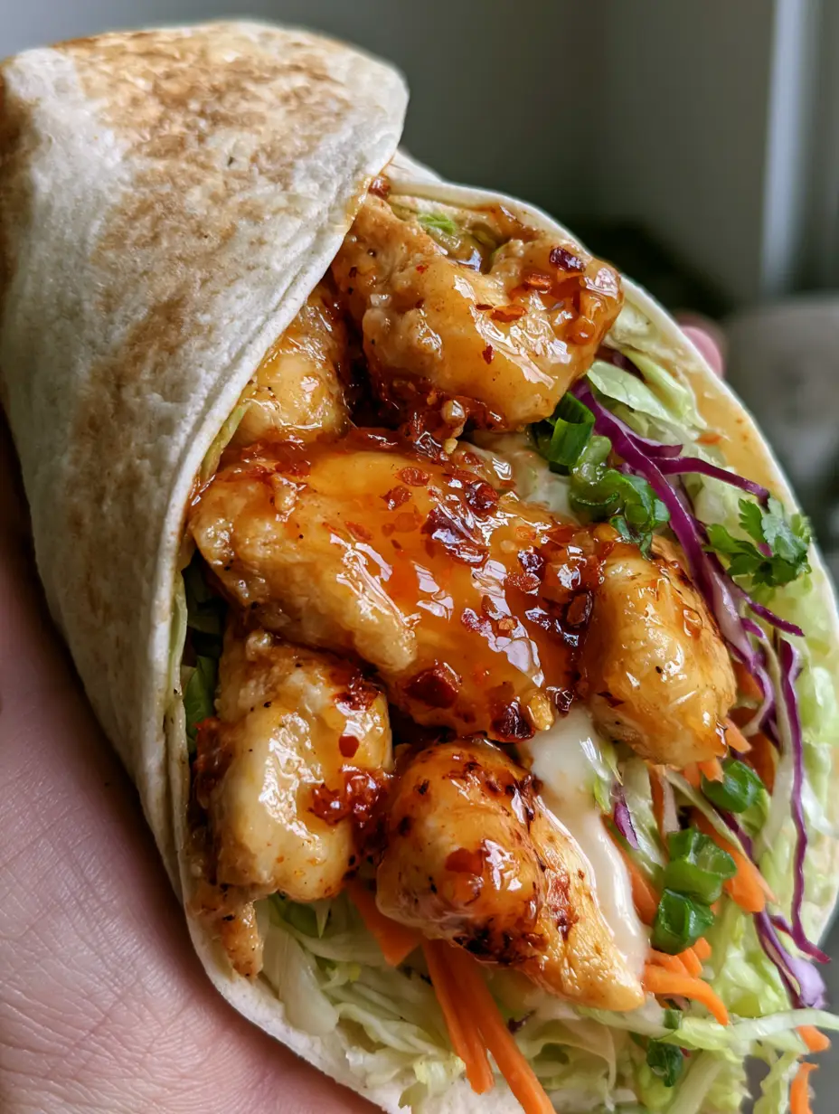 A handheld photo showing the internal layers of a Sweet Chili Chicken Wrap with glossy chicken and garlic sauce. (Sweet Chili Chicken Wraps)