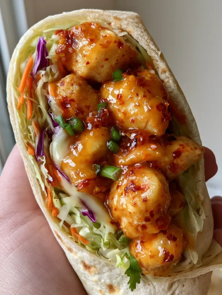 Macro view of the toasted flour tortilla and shredded cabbage in a Sweet Chili Chicken Wrap. (Sweet Chili Chicken Wraps)